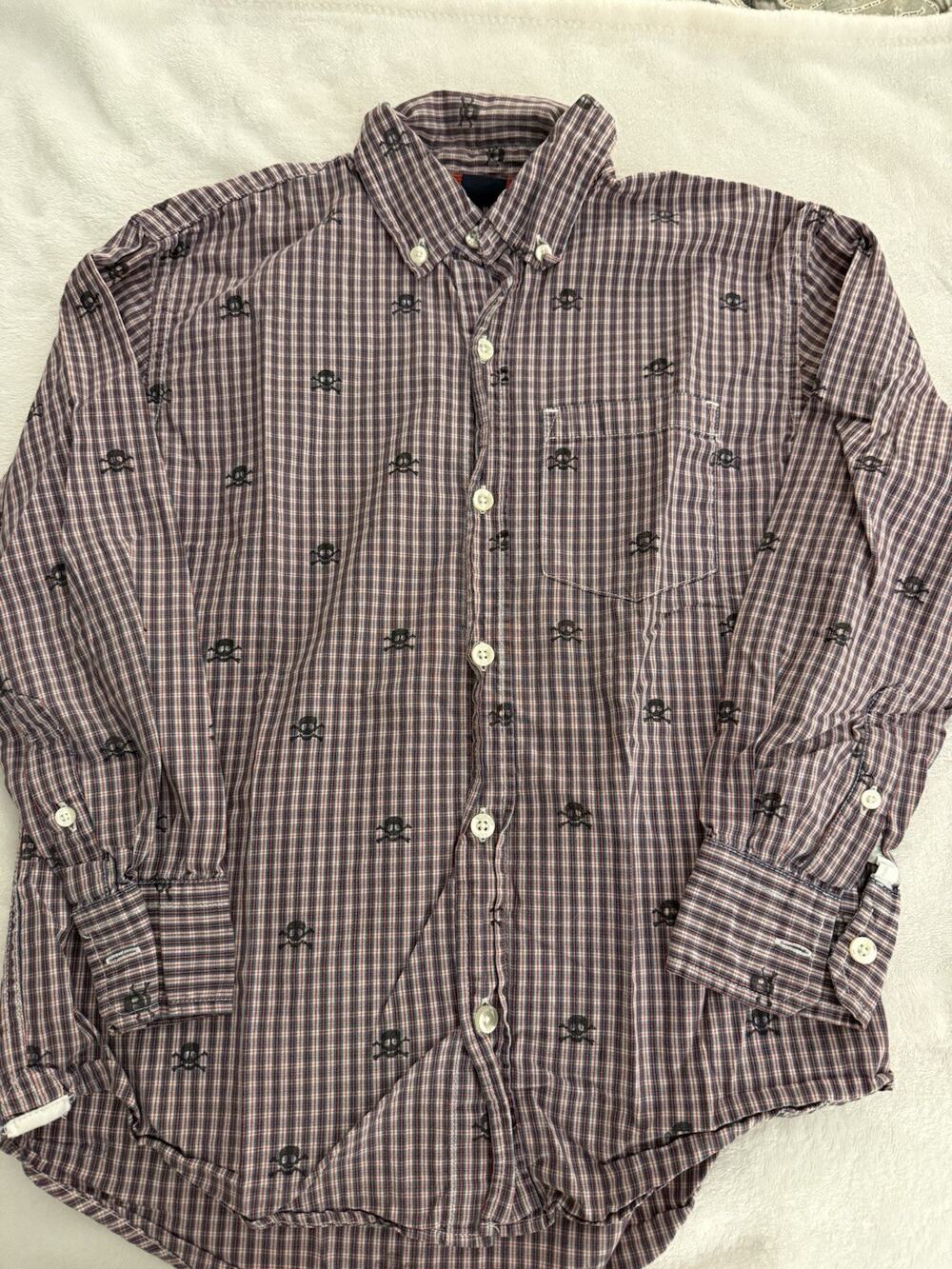 GAP Kids Boys Button Down Long Sleeve Size Med. 8 Skull Gingham Plaid Halloween